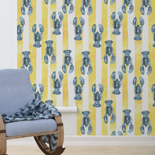 Nautical Blue Watercolor Lobster Yellow Stripe Wallpaper