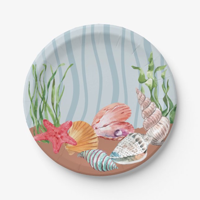 Nautical Blue Watercolor Seashell Beach Wedding Paper Plate (Front)