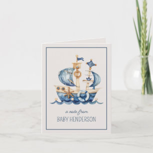 Nautical Blue Watercolor Ship Personalized Note Card