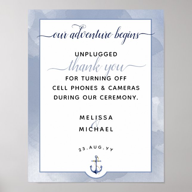 #Nautical Blue Watercolor #Unplugged Wedding Sign (Front)