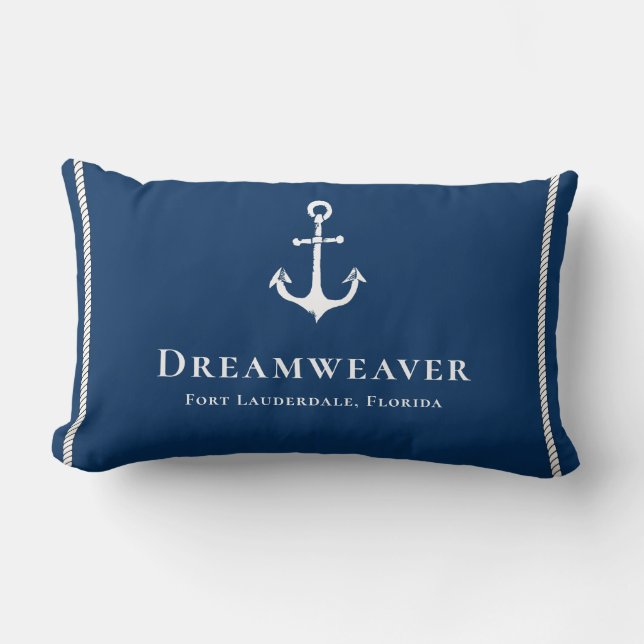 Nautical Blue Welcome Aboard Boat Name Anchor Lumbar Pillow (Front)