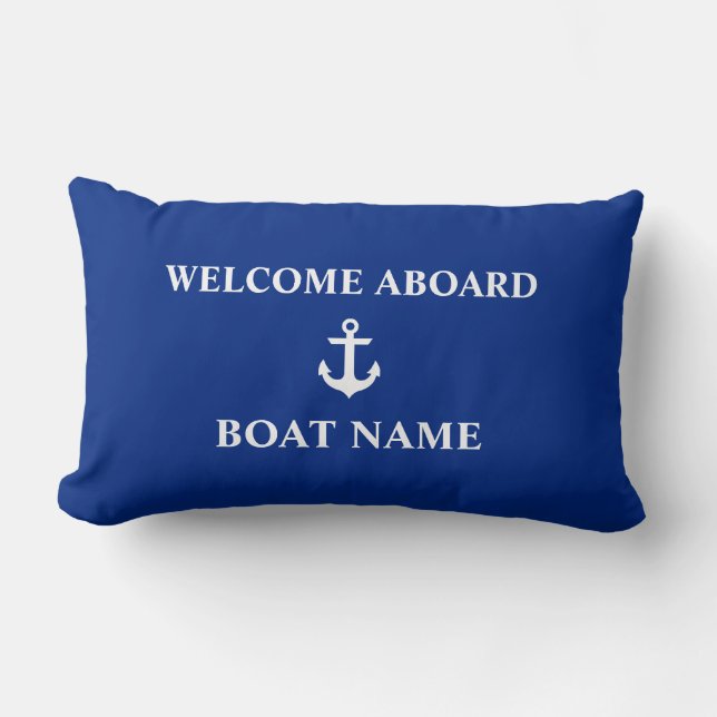 Nautical Blue Welcome Aboard Boat Name Lumbar Pillow (Front)