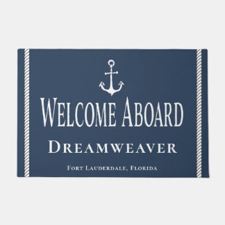 Nautical Blue Welcome Yacht Boat Name Anchor Doormat