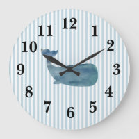 Nautical Blue Whale Stripe Preppy Large Clock