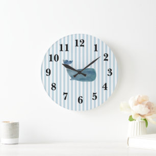 Nautical Blue Whale Stripe Preppy Large Clock