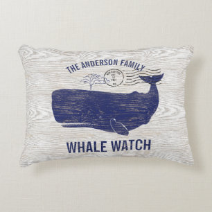 Nautical Blue Whale Watch Coastal Family Name Accent Pillow
