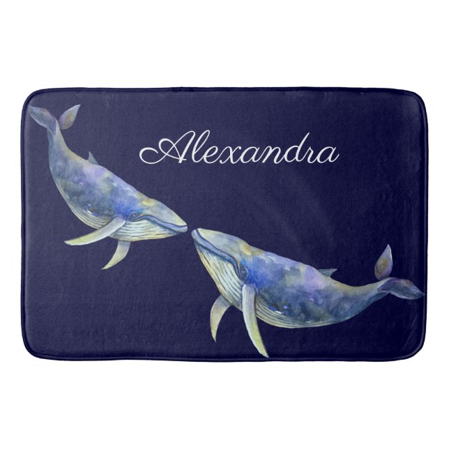 Nautical  Blue Whale Watercolor White Wood Name Bath Mat (Front)