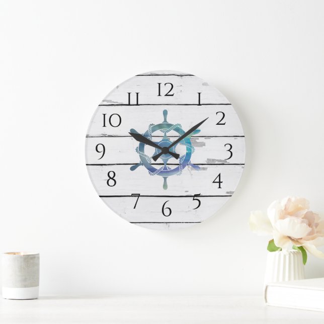 Nautical Blue Wheel Ship Rustic Decor Large Clock (Home)