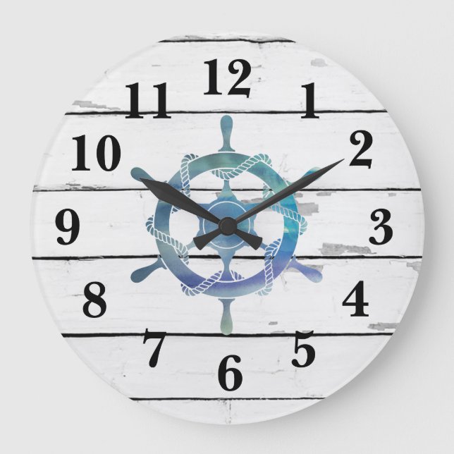Nautical Blue Wheel Ship Rustic Decor Large Clock (Front)