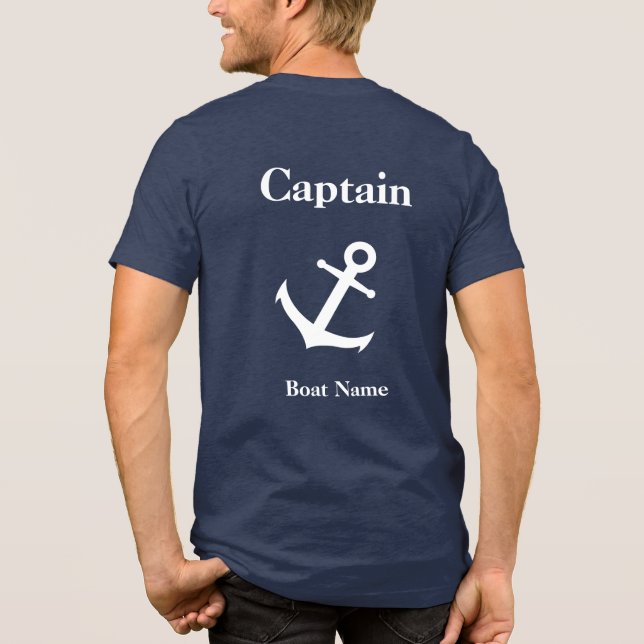 Nautical Blue & White Anchor Captain & Boat Name Tri-Blend Shirt (Back)