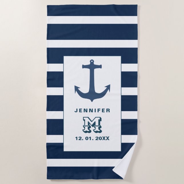 Nautical blue White Anchor Personalized Monogram Beach Towel (Front)
