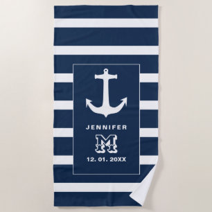 Nautical blue White Anchor Personalized Monogram Beach Towel