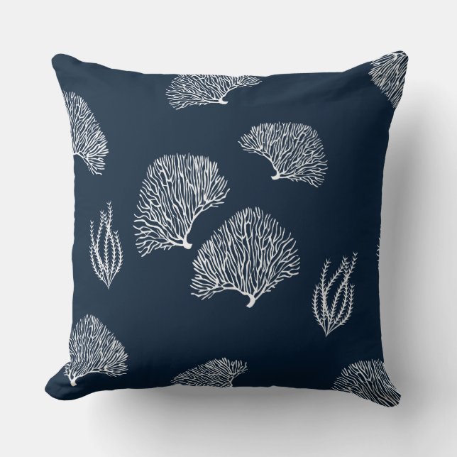 Nautical Blue White Coral Reef Pattern Throw Pillow (Front)