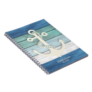 Nautical Blue White Distressed Wood Anchor Notes Notebook