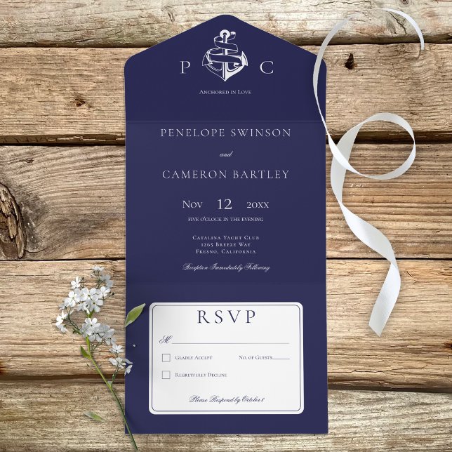Nautical Blue & White Modern No Dinner All In One Invitation (Creator Uploaded)