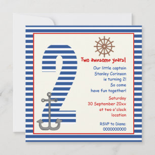 Nautical blue, white sailboat 2nd birthday party invitation