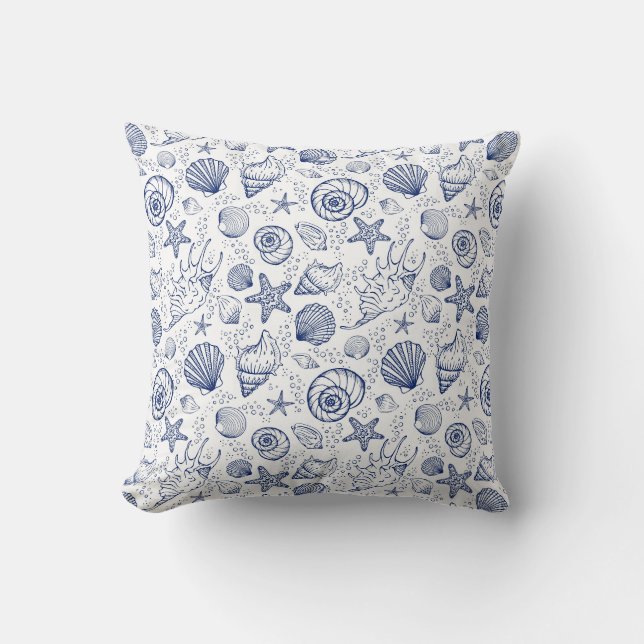 Nautical Blue White Seashell Starfish  Throw Pillow (Front)