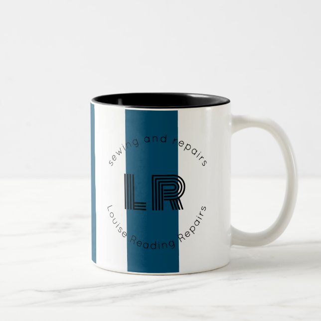 nautical blue white stripe custom logo Two-Tone coffee mug (Right)