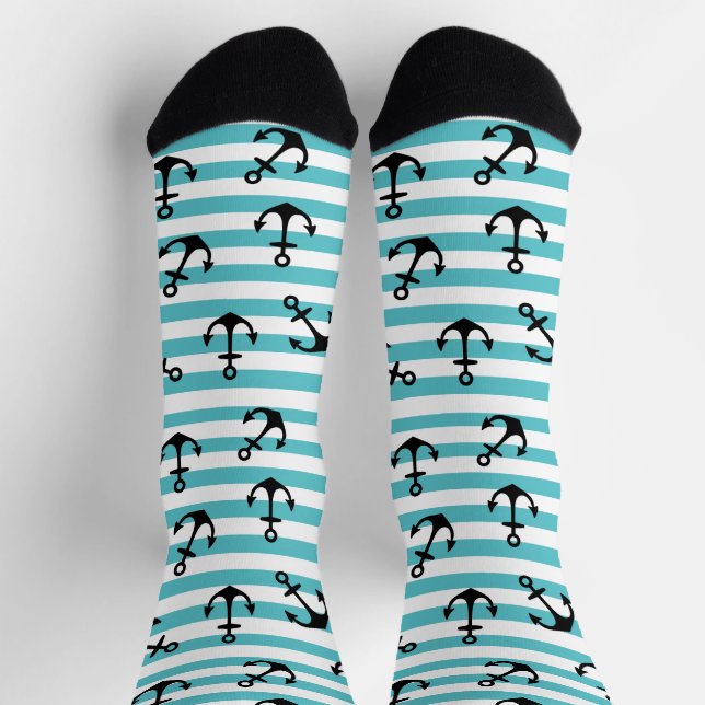 Nautical Blue White Stripes Anchors Cruise Ship Socks (Top)