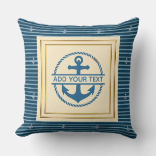 Nautical Blue White Stripes - Boat Name Anchor Throw Pillow