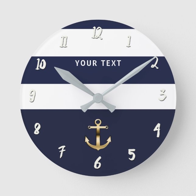 Nautical Blue & White Stripes Gold Anchor Round Clock (Front)