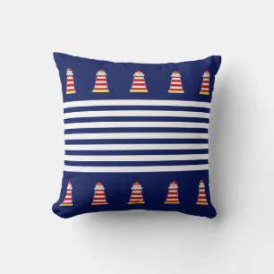Nautical Blue & White Stripes on Navy Blue Throw P Pillow