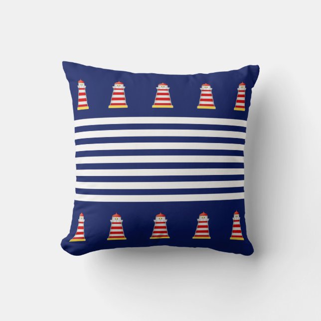 Nautical Blue & White Stripes on Navy Blue Throw P Throw Pillow (Front)