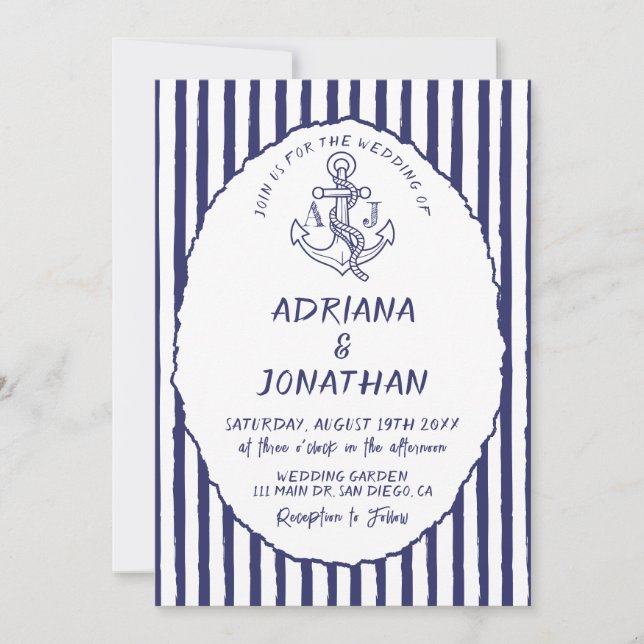 Nautical Blue White Stripes Wedding Invitation (Front)