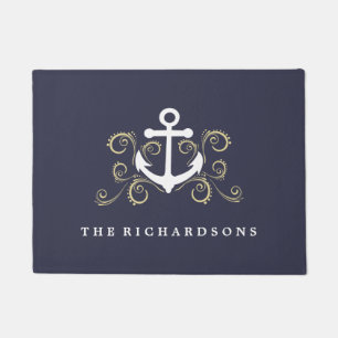 Nautical Blue with Anchor and Gold Coloured Swirls Doormat