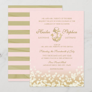Nautical Blush and Gold Sparkle Wedding Invitation
