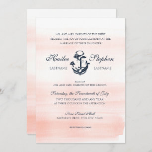 Nautical Blush and Navy Watercolor Wedding Invitation