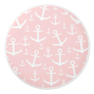 Nautical blush pink & white anchor pattern ceramic knob