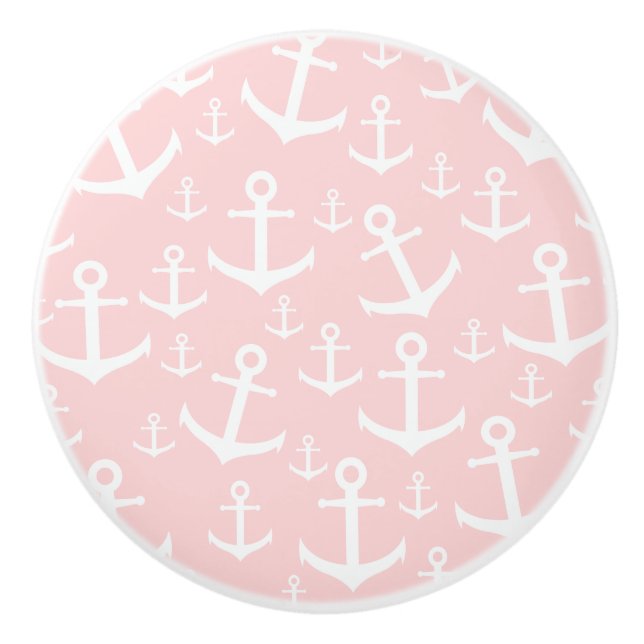 Nautical blush pink & white anchor pattern ceramic knob (Front)