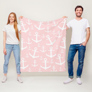 Nautical blush pink & white anchor pattern fleece blanket