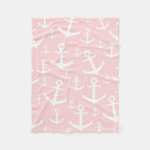 Nautical blush pink & white anchor pattern fleece blanket