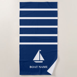 Nautical Boat Add Name Navy Blue Striped Beach Towel