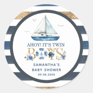 Nautical Boat Ahoy It's Twin Boys Shower Favour Classic Round Sticker