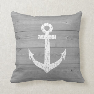 Nautical boat anchor and wood panels throw pillow