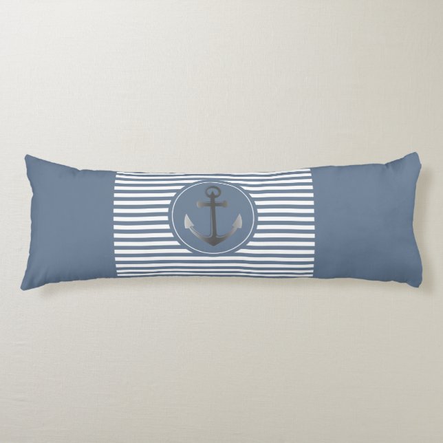 Nautical Boat Anchor Blue and White Striped Body Pillow (Front)