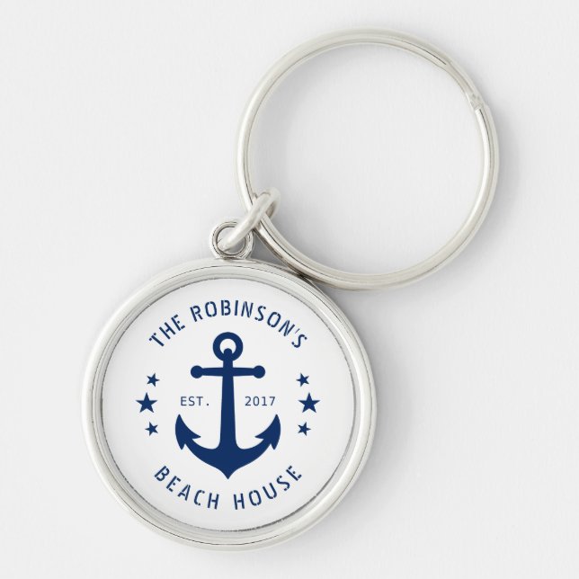 Nautical Boat Anchor Family Name Beach House White Keychain (Front)