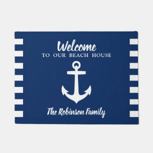 Nautical Boat Anchor Family Name Navy Beach House Doormat