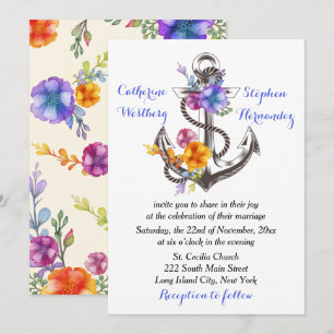 Nautical Boat Anchor Floral Blue Wedding Invitation