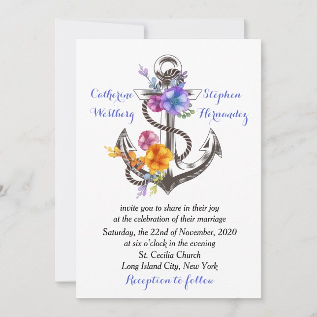Nautical Boat Anchor Floral Blue Wedding Invitation (Front)