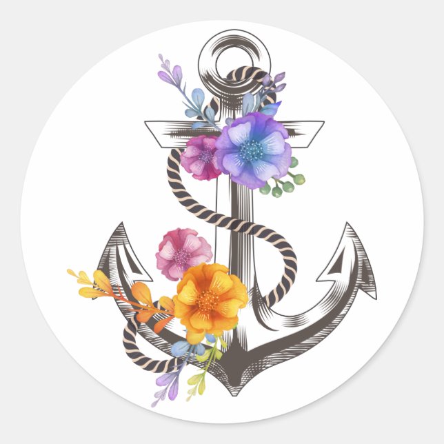 Nautical Boat Anchor Floral Classic Round Sticker (Front)