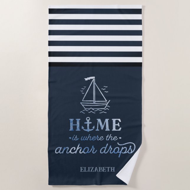 Nautical Boat Anchor Navy Blue Beach Towel (Front)