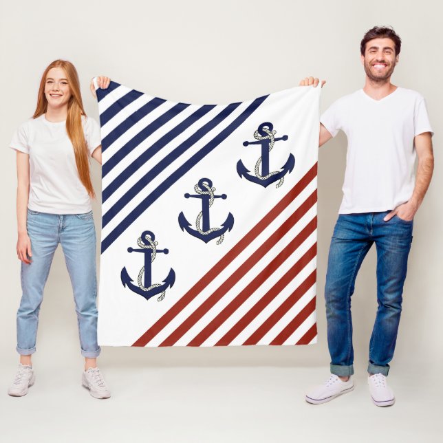Nautical Boat Anchor/Navy blue/red/white stripes Fleece Blanket (In Situ)
