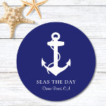 Nautical Boat Anchor Navy Blue Round Paper Coaster<br><div class="desc">Modern nautical-themed navy blue coasters for your boat that feature a white illustration of an anchor and your boat's name and location in elegant white typography and script.</div>