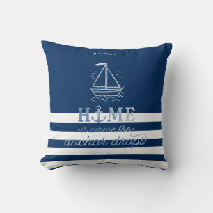 Nautical Boat Anchor Navy Blue Striped   Throw Pillow