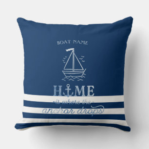 Nautical Boat Anchor Navy Blue Striped  Throw Pillow