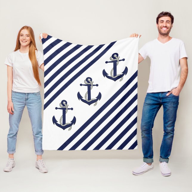 Nautical Boat Anchor/Navy blue/white stripes Fleece Blanket (In Situ)